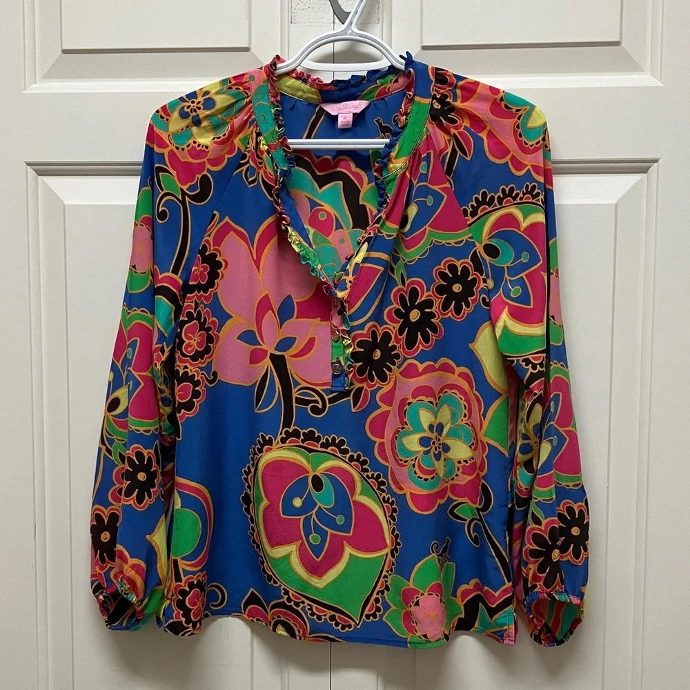 Lilly Pulitzer Elsa silk long sleeve blouse, rare Starry Blue Drama Queen XS - Picture 2 of 11